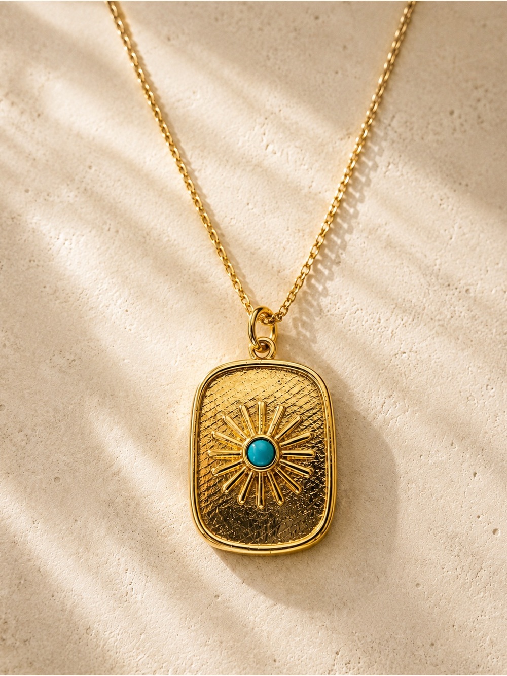 Gold Vermeil Sunburst Pendant Necklace 18” Turquoise Celestial Boho